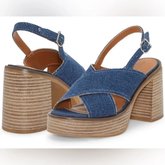 NWOT Lucky Brand Navy Denim 1 Platform Delmie High Heel Sandal Size 9 - Picture 1 of 7